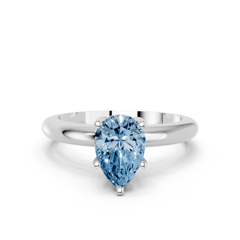 Platinum Fancy Blue Pear  Cut Solitaire Engagement Ring with Round Band and Four-Prong Setting