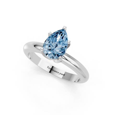 Platinum Fancy Blue Pear  Cut Solitaire Engagement Ring with Round Band and Four-Prong Setting