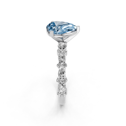 Silver Fancy Blue Pear  Solitaire with Side Stones, Pave Band, Four-Prong Setting