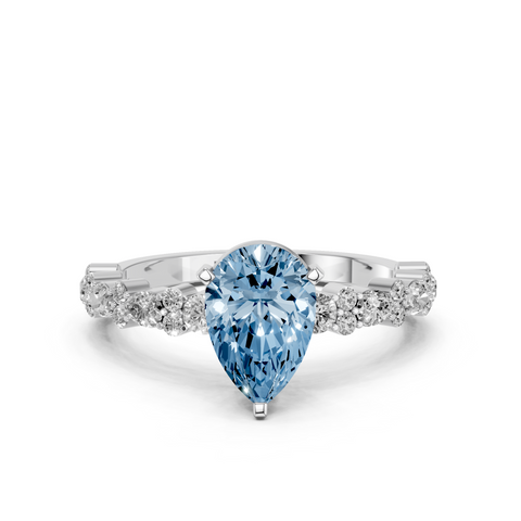 Silver Fancy Blue Pear  Solitaire with Side Stones, Pave Band, Four-Prong Setting