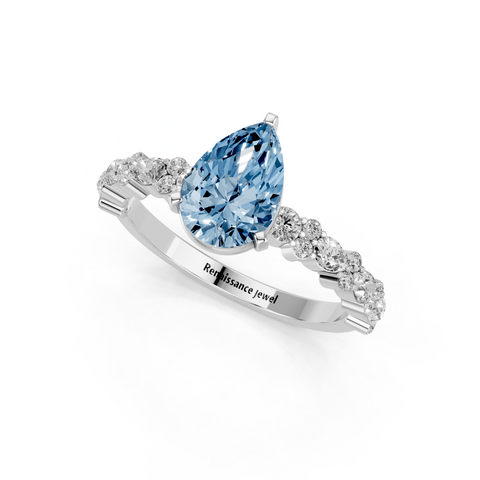 White gold Fancy Blue Pear  Solitaire with Side Stones, Pave Band, Four-Prong Setting