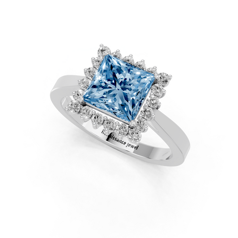 White gold Fancy Blue Princess  Cut Diamond Halo Ring with Round Brilliant Halo and Solitaire Band