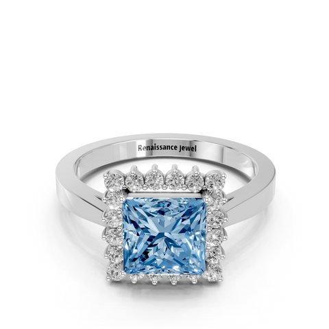 Silver Fancy Blue Princess  Cut Diamond Halo Ring with Round Brilliant Halo and Solitaire Band