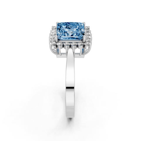 Silver Fancy Blue Princess  Cut Diamond Pavé Band Solitaire Ring with Four-Prong Setting