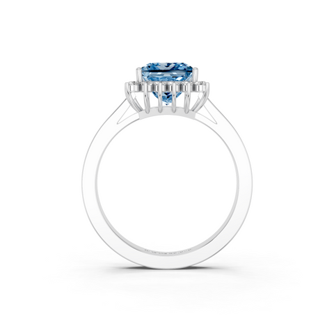 Silver Fancy Blue Princess  Cut Diamond Pavé Band Solitaire Ring with Four-Prong Setting