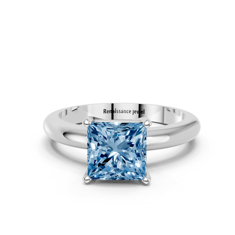 White gold Fancy Blue Princess  Cut Solitaire Engagement Ring with Round Band and Four-Prong Setting