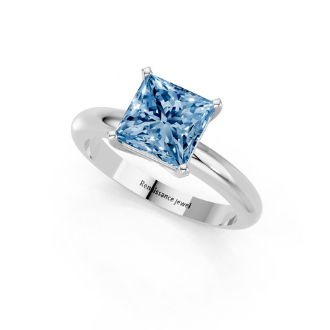 Platinum Fancy Blue Princess  Cut Solitaire Engagement Ring with Round Band and Four-Prong Setting