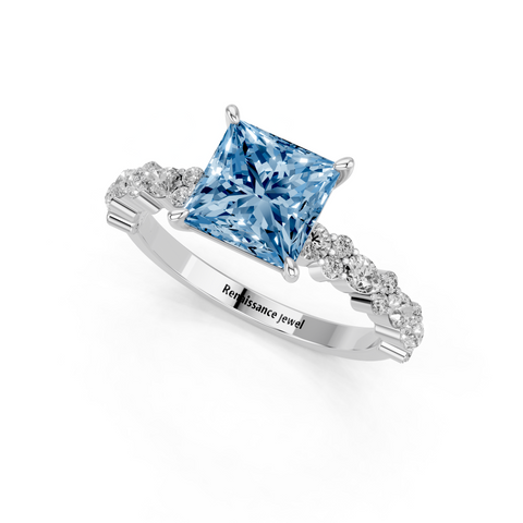 Platinum Fancy Blue Princess  Solitaire with Side Stones, Pave Band, Four-Prong Setting