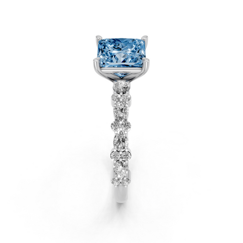 Silver Fancy Blue Princess  Solitaire with Side Stones, Pave Band, Four-Prong Setting