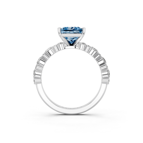 Silver Fancy Blue Princess  Solitaire with Side Stones, Pave Band, Four-Prong Setting