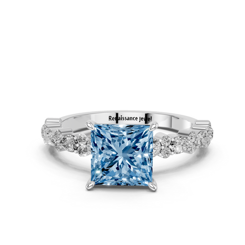 Platinum Fancy Blue Princess  Solitaire with Side Stones, Pave Band, Four-Prong Setting