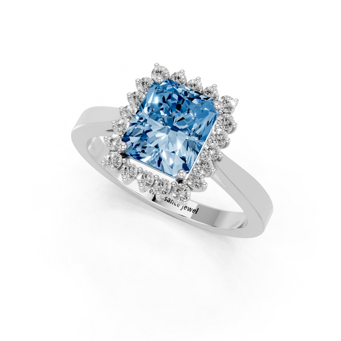 White gold Fancy Blue Radiant  Cut Diamond Halo Ring with Round Brilliant Halo and Solitaire Band