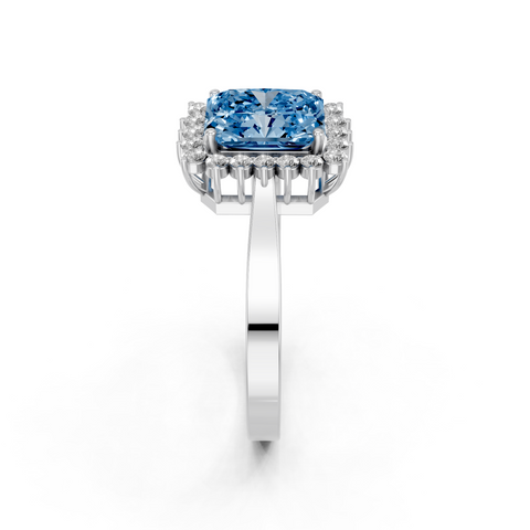 White gold Fancy Blue Radiant  Cut Diamond Halo Ring with Round Brilliant Halo and Solitaire Band