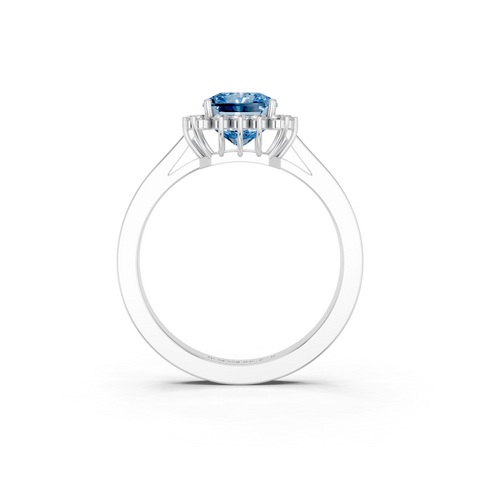 Platinum Fancy Blue Radiant  Cut Diamond Halo Ring with Round Brilliant Halo and Solitaire Band