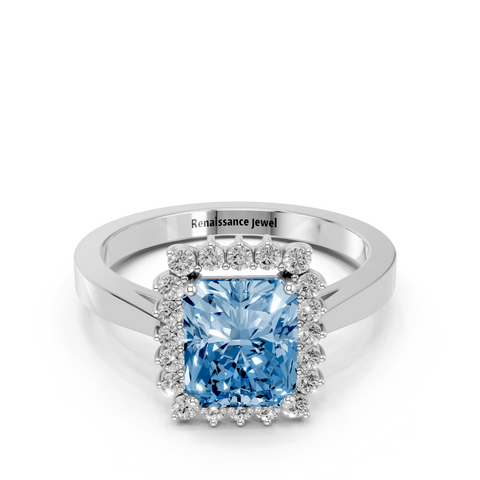 White gold Fancy Blue Radiant  Cut Diamond Halo Ring with Round Brilliant Halo and Solitaire Band