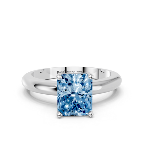 Silver Fancy Blue Radiant  Cut Solitaire Engagement Ring with Round Band and Four-Prong Setting