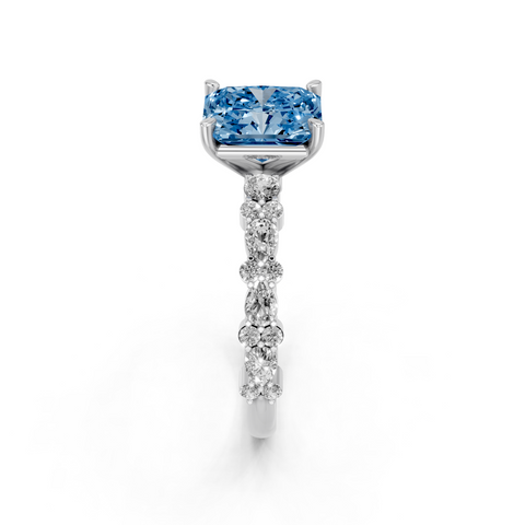 Platinum Fancy Blue Radiant  Solitaire with Side Stones, Pave Band, Four-Prong Setting
