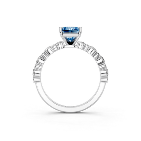 Silver Fancy Blue Radiant  Solitaire with Side Stones, Pave Band, Four-Prong Setting