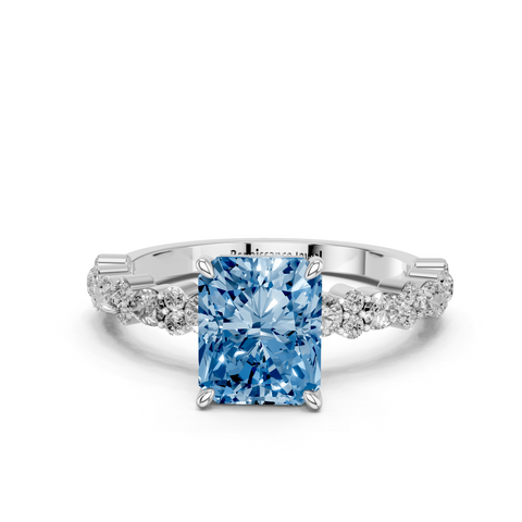 Silver Fancy Blue Radiant  Solitaire with Side Stones, Pave Band, Four-Prong Setting