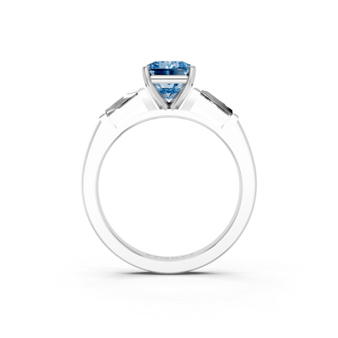 Platinum Fancy Blue Radiant  Solitaire with Tapered Baguette Side Stones on a Classic Band with Four-Prong Setting