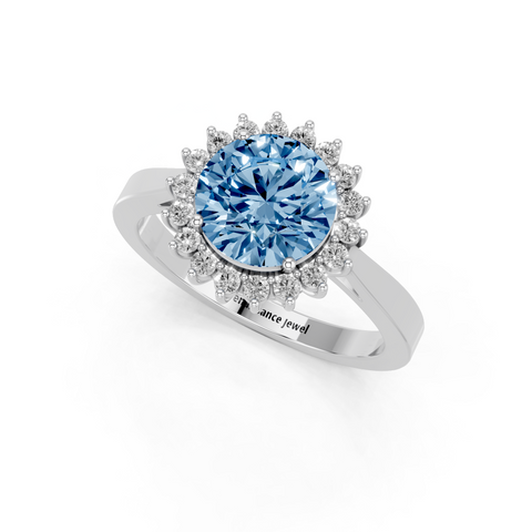 White gold Fancy Blue Round  Cut Diamond Halo Ring with Round Brilliant Halo and Solitaire Band