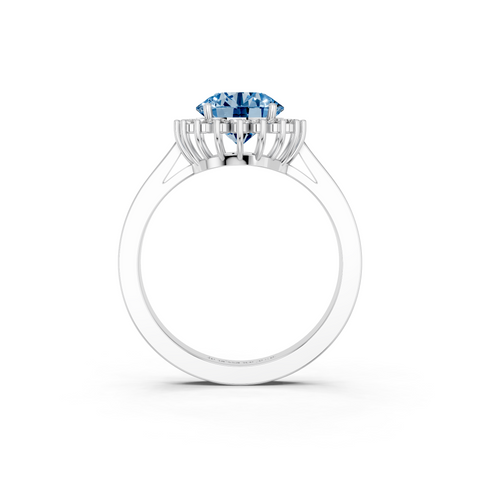 White gold Fancy Blue Round  Cut Diamond Halo Ring with Round Brilliant Halo and Solitaire Band