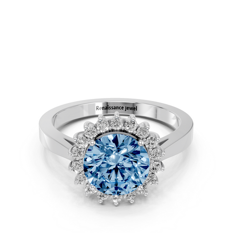 White gold Fancy Blue Round  Cut Diamond Halo Ring with Round Brilliant Halo and Solitaire Band
