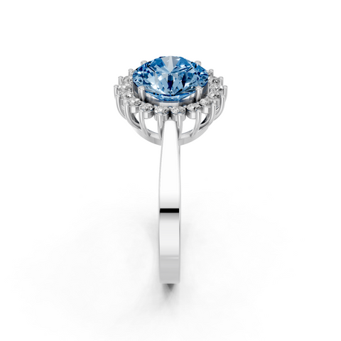 Silver Fancy Blue Round  Cut Diamond Pavé Band Solitaire Ring with Four-Prong Setting