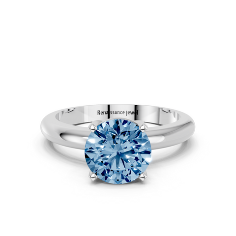 White gold Fancy Blue Round  Cut Solitaire Engagement Ring with Round Band and Four-Prong Setting
