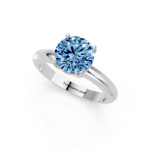 Platinum Fancy Blue Round  Cut Solitaire Engagement Ring with Round Band and Four-Prong Setting