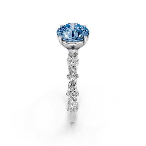 White gold Fancy Blue Round  Solitaire with Side Stones, Pave Band, Four-Prong Setting