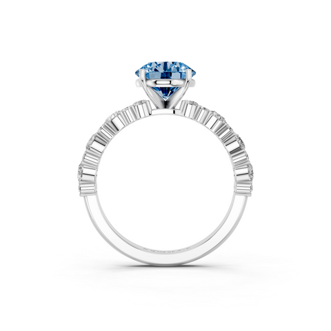 Platinum Fancy Blue Round  Solitaire with Side Stones, Pave Band, Four-Prong Setting