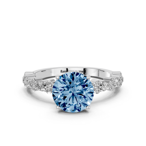 Silver Fancy Blue Round  Solitaire with Side Stones, Pave Band, Four-Prong Setting