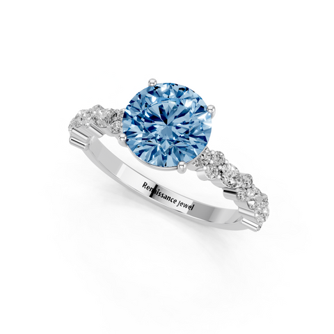 Platinum Fancy Blue Round  Solitaire with Side Stones, Pave Band, Four-Prong Setting