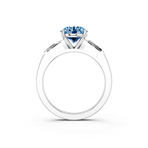 White gold Fancy Blue Round  Solitaire with Tapered Baguette Side Stones on a Classic Band with Four-Prong Setting