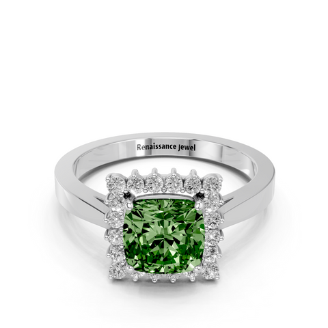 White gold Fancy Green Cushion  Cut Diamond Halo Ring with Round Brilliant Halo and Solitaire Band