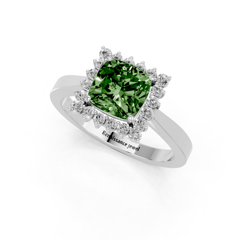 Silver Fancy Green Cushion  Cut Diamond Halo Ring with Round Brilliant Halo and Solitaire Band