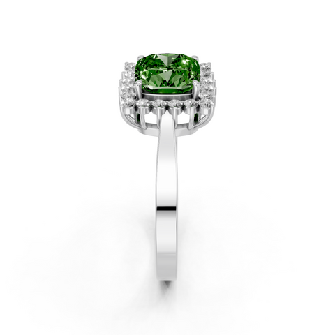 White gold Fancy Green Cushion  Cut Diamond Halo Ring with Round Brilliant Halo and Solitaire Band