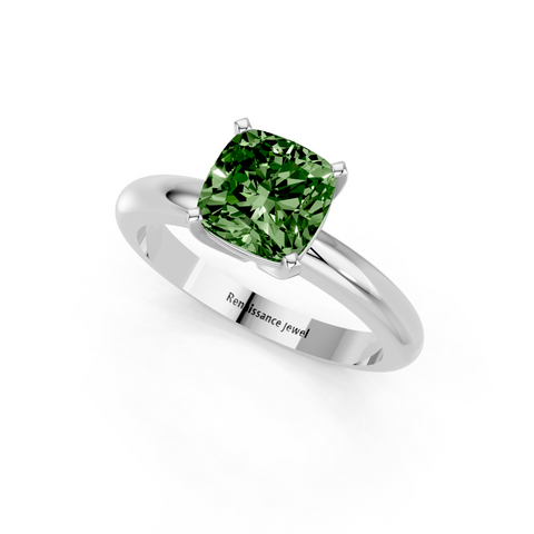 Platinum Fancy Green Cushion  Cut Solitaire Engagement Ring with Round Band and Four-Prong Setting