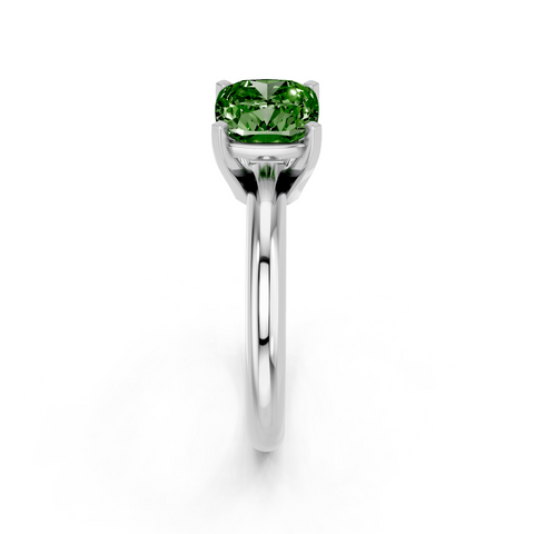White gold Fancy Green Cushion  Cut Solitaire Engagement Ring with Round Band and Four-Prong Setting