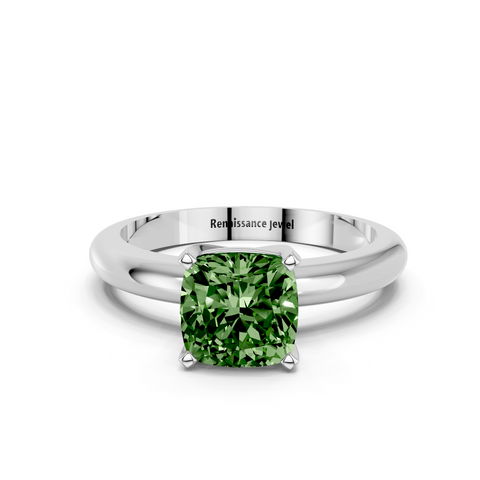 White gold Fancy Green Cushion  Cut Solitaire Engagement Ring with Round Band and Four-Prong Setting