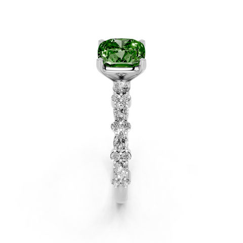 Platinum Fancy Green Cushion  Solitaire with Side Stones, Pave Band, Four-Prong Setting
