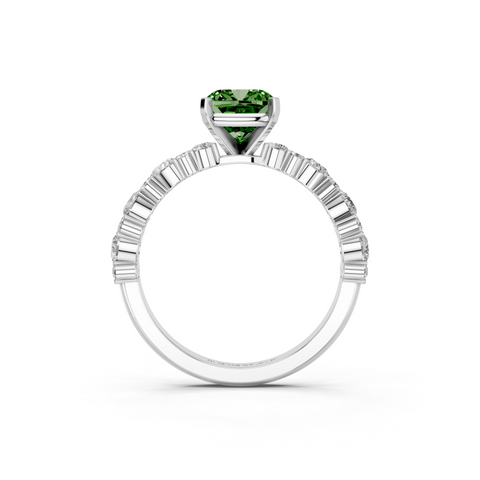 Silver Fancy Green Cushion  Solitaire with Side Stones, Pave Band, Four-Prong Setting