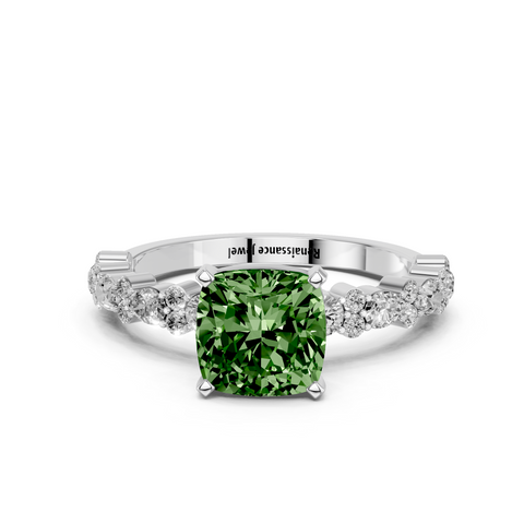 Platinum Fancy Green Cushion  Solitaire with Side Stones, Pave Band, Four-Prong Setting