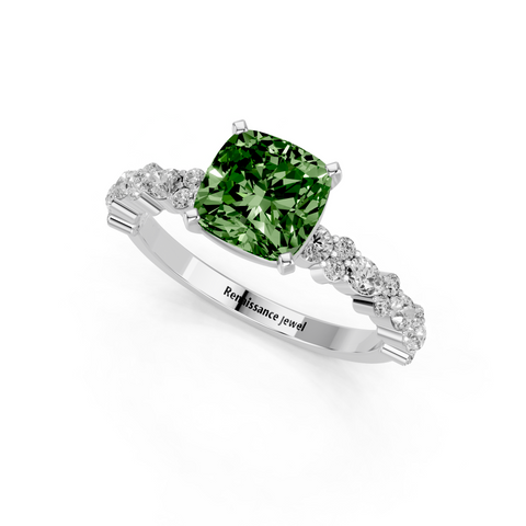 Platinum Fancy Green Cushion  Solitaire with Side Stones, Pave Band, Four-Prong Setting