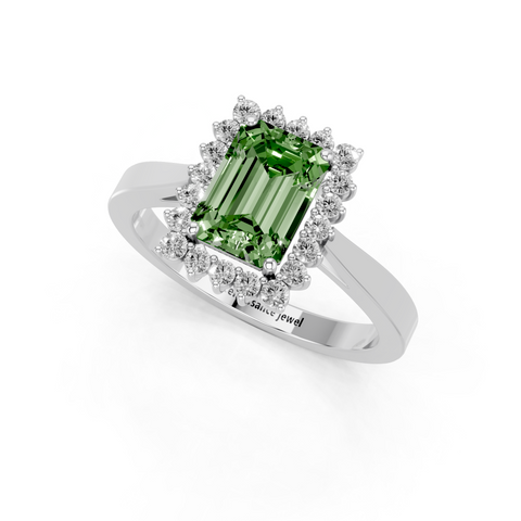 White gold Fancy Green Emerald  Cut Diamond Halo Ring with Round Brilliant Halo and Solitaire Band