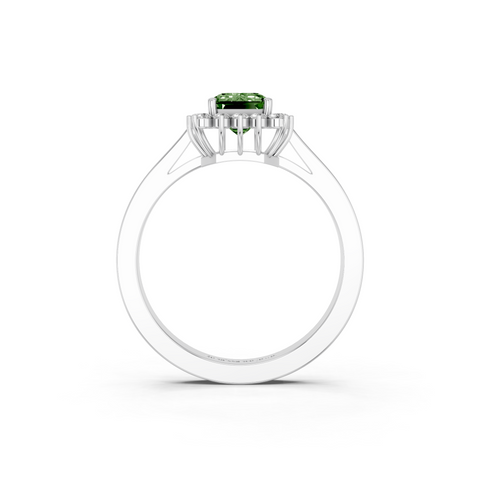 Silver Fancy Green Emerald  Cut Diamond Halo Ring with Round Brilliant Halo and Solitaire Band