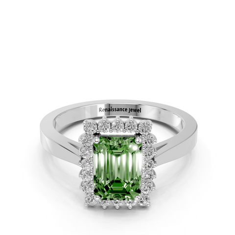 White gold Fancy Green Emerald  Cut Diamond Halo Ring with Round Brilliant Halo and Solitaire Band