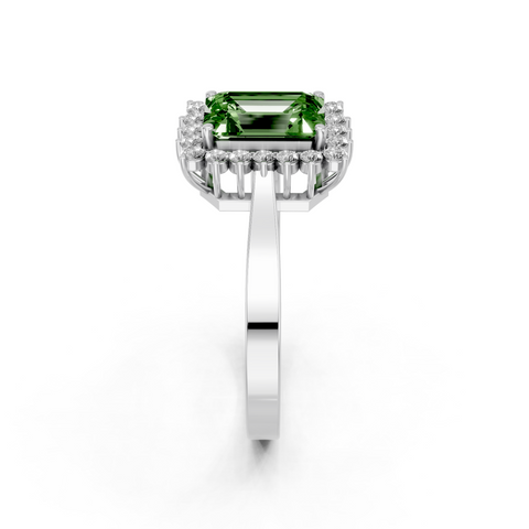White gold Fancy Green Emerald  Cut Diamond Pavé Band Solitaire Ring with Four-Prong Setting