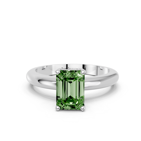 White gold Fancy Green Emerald  Cut Solitaire Engagement Ring with Round Band and Four-Prong Setting